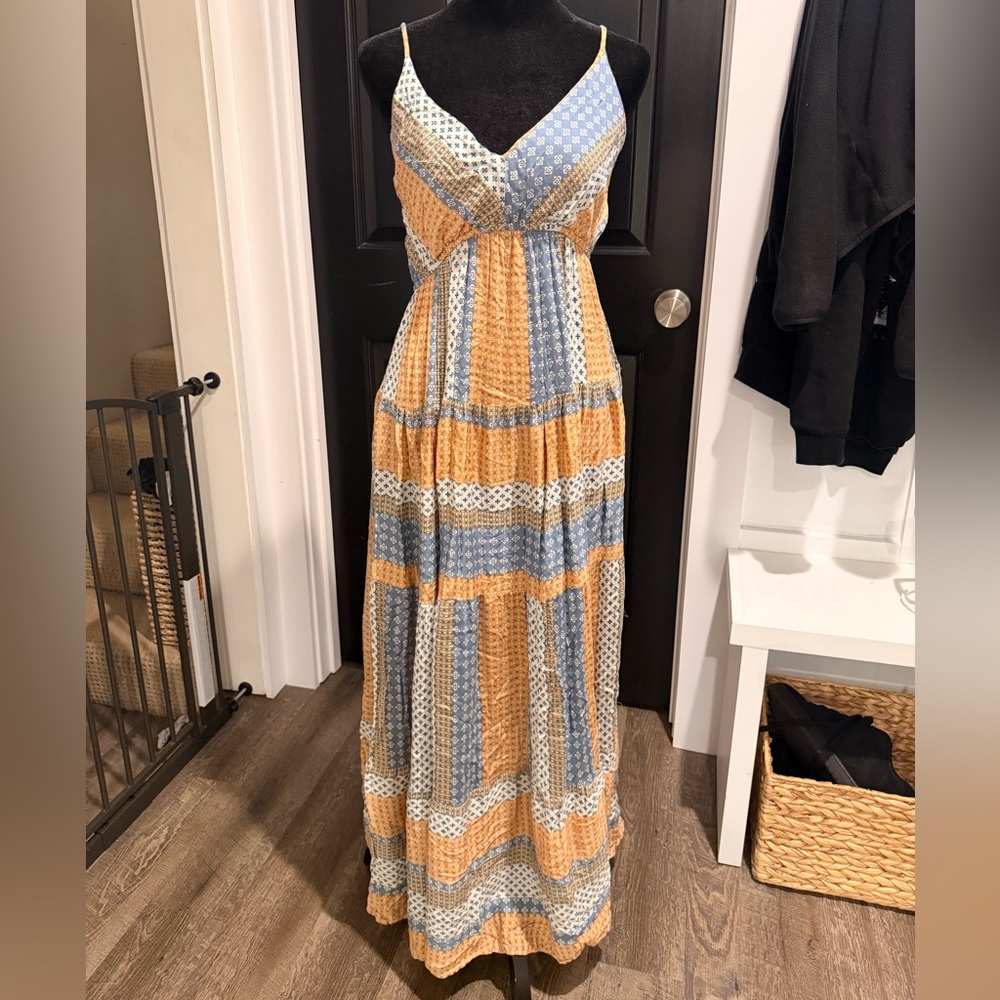 Elegant Patchwork Maxi Dress in Blue and Orange